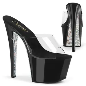 7 Inch Heel SKY-301CRS Clear Black Silver Rhinestone