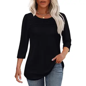 Womens Tops 3/4 Length Sleeve Blouses Dressy Casual Spring Summer Fall Outfits Pleated Front T Shirts Curved Hem