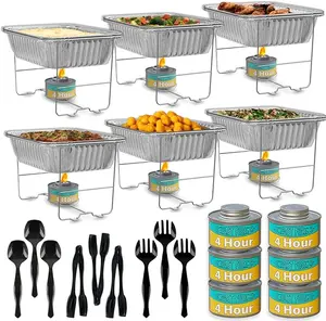 Chafing Dish Buffet Set, Half Size, Disposable Catering Supplies -6 Pack- Food Warmers for Parties: Foldable Wire Racks, Fuel, Aluminum Water Pans, Food Pans, Serving Utensils -Single Pan Food Warmer