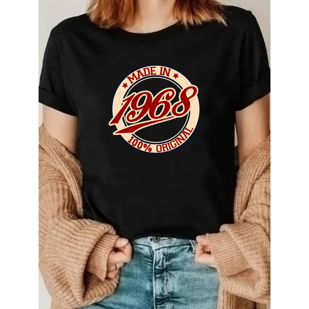 Women's Cotton Graphic T-Shirt - 1968 Vintage Birthday Retro Year Print, Short-Sleeve Round Neck Streetwear Casual Summer Top, Ideal Gift for Mom, Shortsleeve, Tshirt