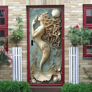 2pcs Relief Mermaid Wall Sticker Nordic Ins Style Self Adhesive Waterproof PVC Decorative Art Decal with Shell Pearl Ocean Elements for Living Room Bedroom Home Decoration