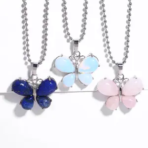 Opal Butterfly Pendant Necklace for Women, Trendy Casual Copper Costume Jewelry, Waterproof and Tarnish-Resistant for Daily Wear