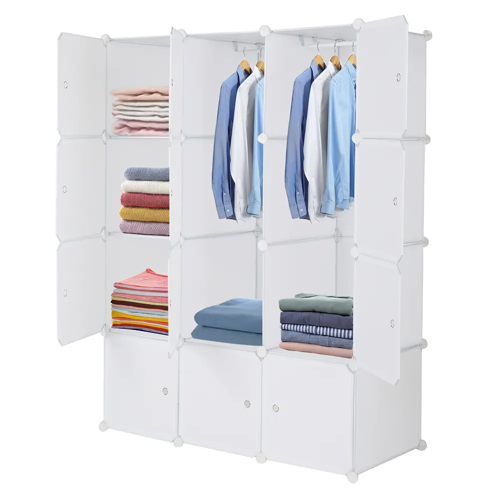 12-Cube Modular Organizer Shelf Furniture - Custom Stackable Cupboard with Hanging Rod, Durable 10lb/Cube Closet Storage for Bedroom, Kids Room Small Room Organization Ideas, Office Use