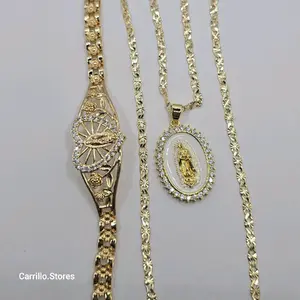 VIRGIN MARY beautiful set  necklace with heart bracelet gold-plated three colors 24"inches clear stone's