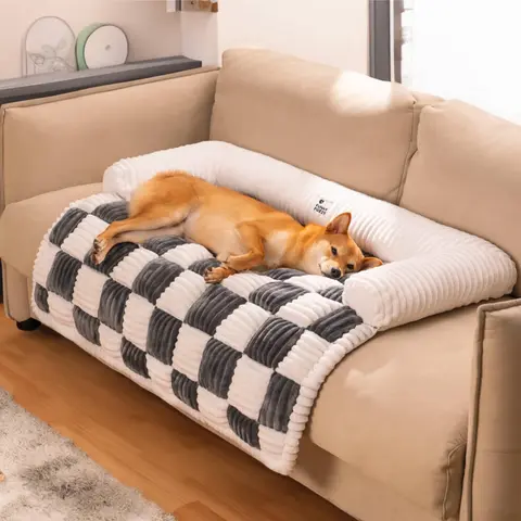 FUNNYFUZZY Classic Cream Square Plaid Dog Mat - Plush Polyurethane Foam, Soft Cotton Fill Adds Cozy Loft, Plush Polyester Cotton Feels Gentle, Anti-Slip Cloth, Detachable, Machine Washable, All Seasons Protect Cover, Easy-Care Pet Rest Mat