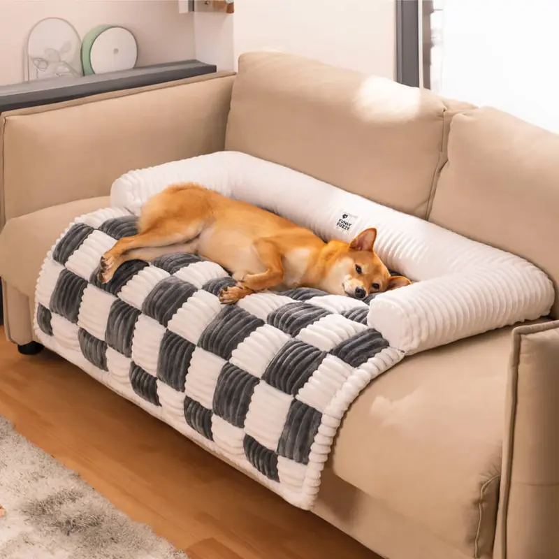 FUNNYFUZZY Classic Cream Square Plaid Dog Mat - Plush Polyurethane Foam, Soft Cotton Fill Adds Cozy Loft, Plush Polyester Cotton Feels Gentle, Anti-Slip Cloth, Detachable, Machine Washable, All Seasons Protect Cover, Easy-Care Pet Rest Mat