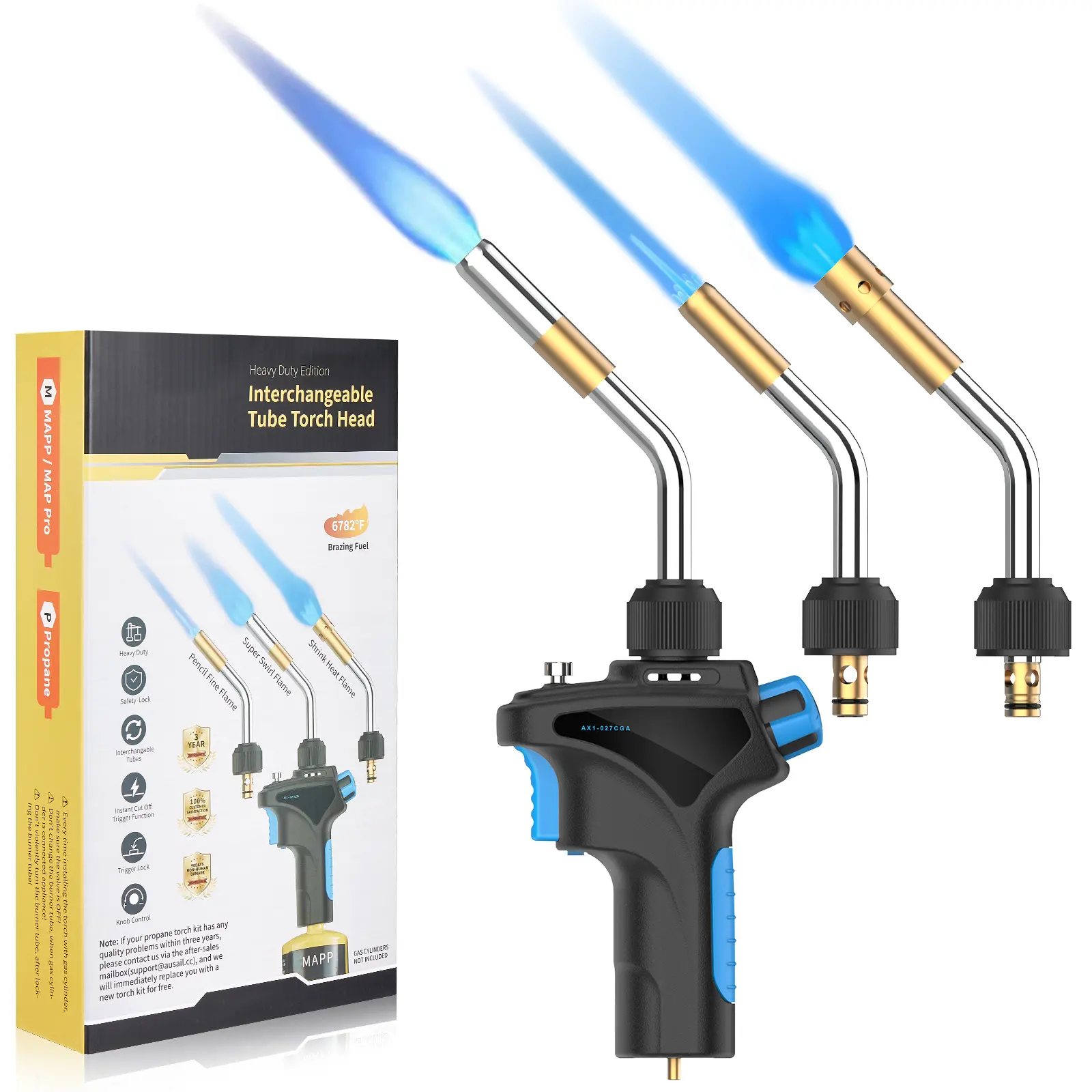 Propane Torch Head with 3 Tubes,Mapp Gas Torch Kit,Interchangeable Tube Gas Welding Torch Kit,Trigger-Start Welding Torch Kit for Soldering,Brazing,Welding,Searing Steak
