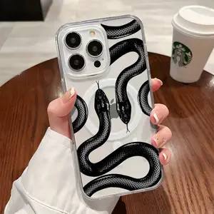 Personalized Black Snake Clear Wireless Charging Protection Shockproof Slim Magnetic Phone Case For iPhone 16 15 Pro Max 14 14Pro 13 12 11 X Plus Cover