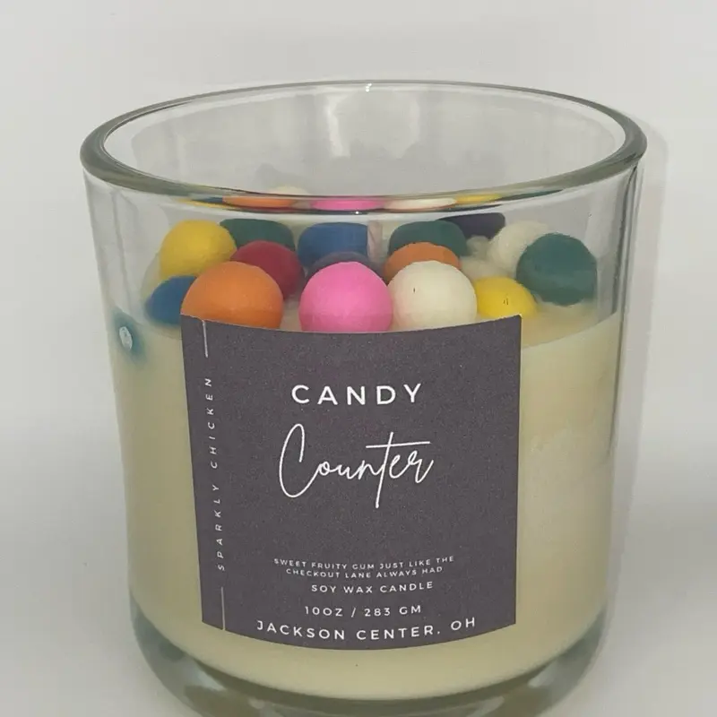Candy Counter 8oz Soy Wax Candle with Colorful Candy Pieces - Hand Poured in Jackson Center OH - Sparkly Chicken Brand