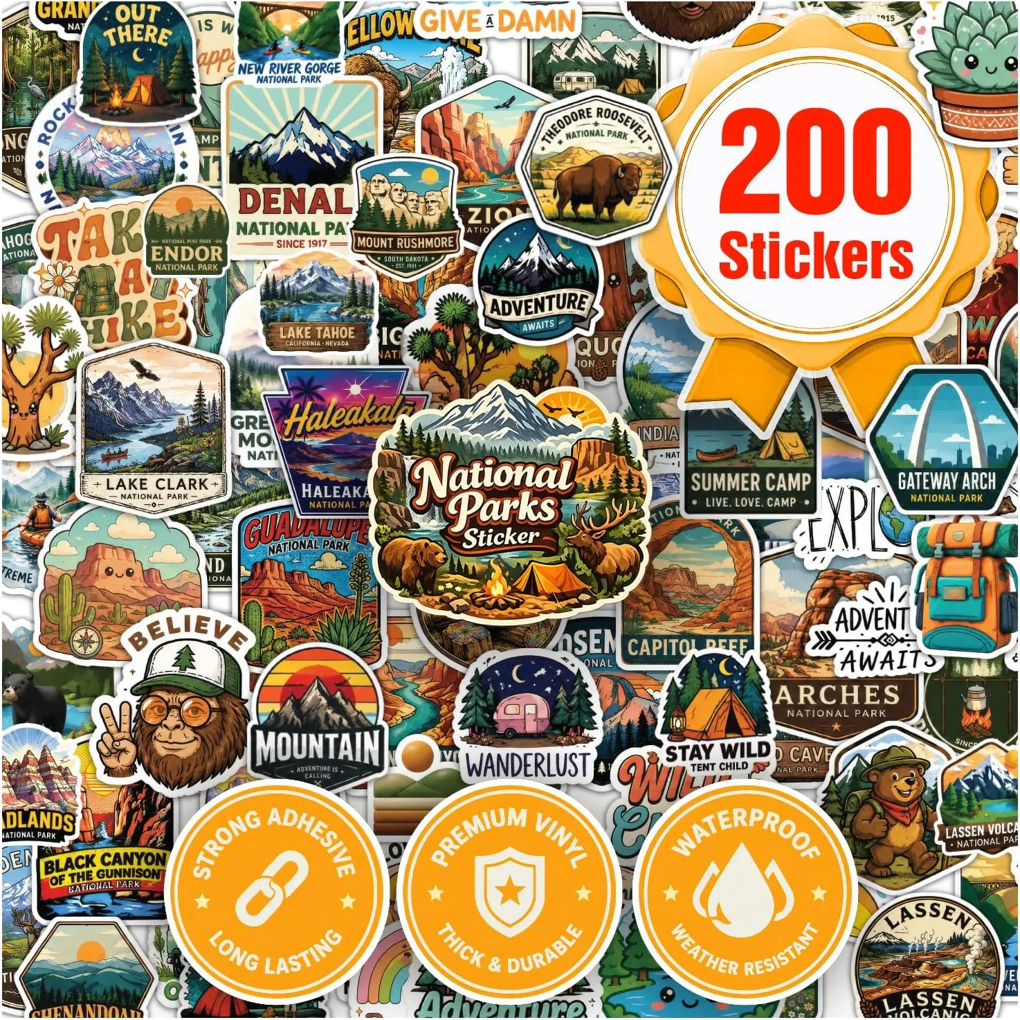 Premium 200 Pcs National Parks Sticker - 200 Unique Designs | Waterproof Vinyl National Parks Stickers for Water Bottles, Laptops, Scrapbooks, Journals, Cars, Camping, and Outdoor Lovers