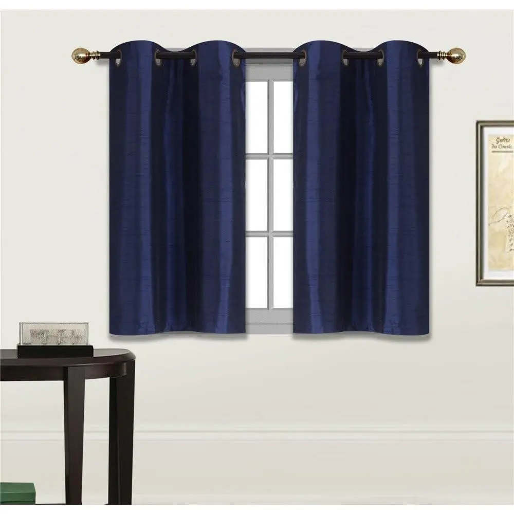 2 Panels Tiers Grommets Small Window  Curtain Faux Silk Insulated Blackout Drape Short Panel 28" W X 36" L Each for Kitchen Bathroom or Any Small Window # D24 (Navy Blue)
