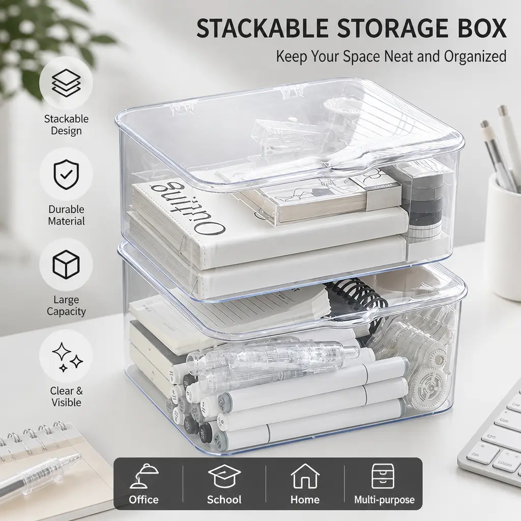 Clear Plastic Storage Container Stackable with Lid, 9.25x7.48x3.94 in Transparent Organizer Box with Hinged Cover for Small Items, Jewelry, Craft, Beads, Hardware & Office Organization