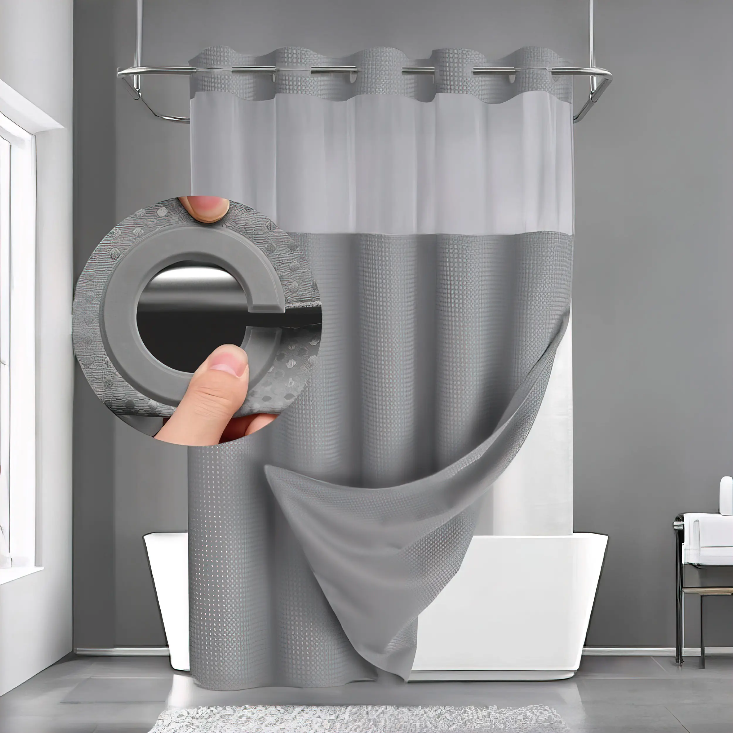 1-Piece No-Hook Shower Curtain with Snap-in Plastic Liner, Waffle Luxe Look, Fast-Dry Fabric, Water-Resistant Solid Cover, Modern Bathroom Accessory for Home Bathroom Supplies, Shower Curtains