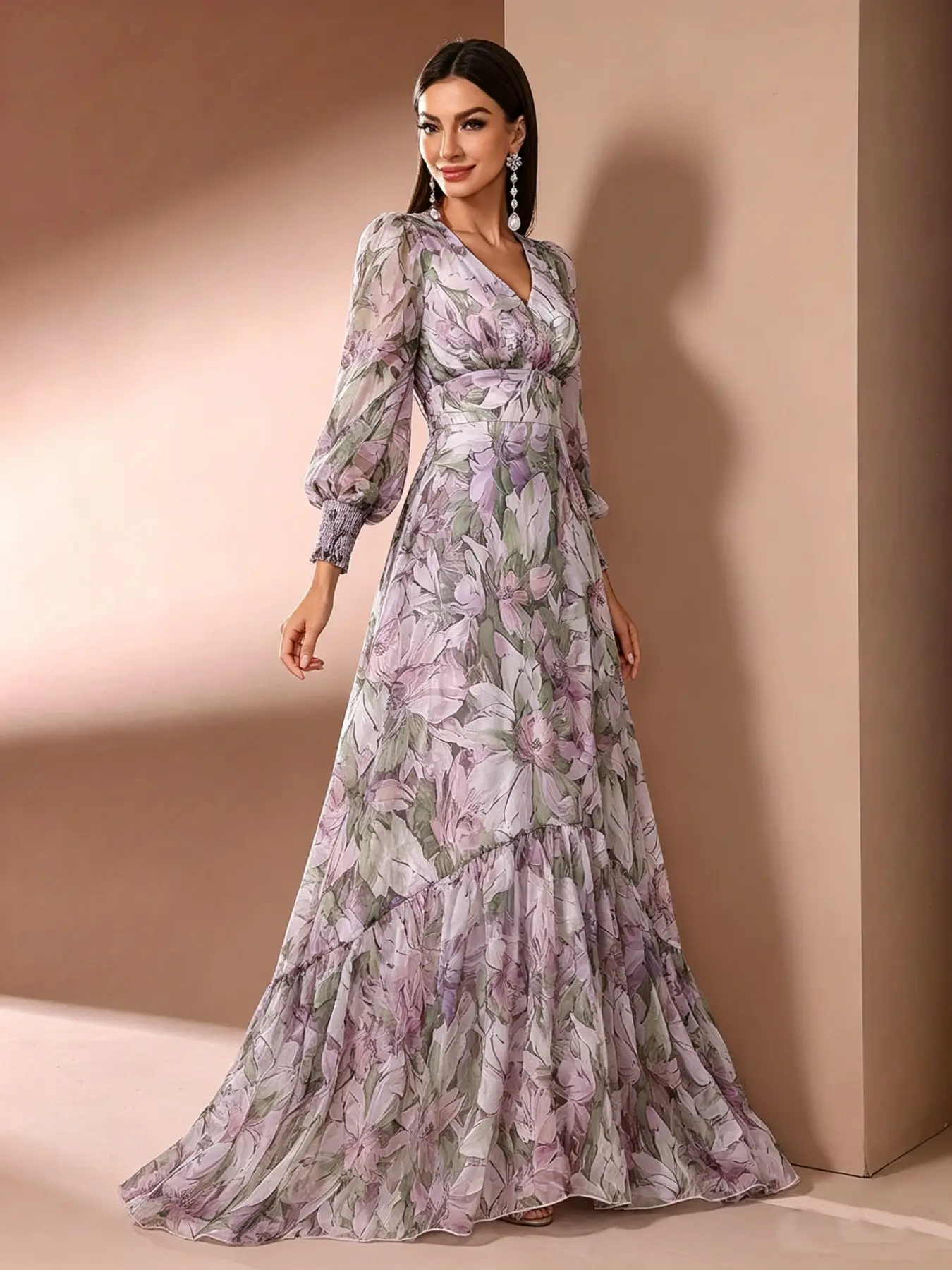 Floral Long Ruffled Dress, Romantic Bohemian Style, Womenswear, V Neck + Lace Sleeves + Layered Ruffle Skirt, Garden Wedding & Bride, Bridal Gowns