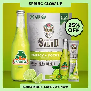 Salud x Jarritos 2-in-1 [Energy + Focus – Lime] Clean Energy Drink Mix, Agua Fresca, Organic Caffeine, B6 & B12, L-Theanine, Drink Packets, Non-GMO, Gluten Free, Vegan, Low Calorie, 1g Sugar (15 Servings), Spring Glow Up
