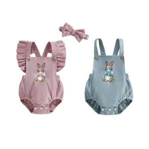 Newborn Baby Boys Girls Easter Outfit Fashion Bunny Embroidery Sleeveless Square Neck Romper Corduroy Overalls