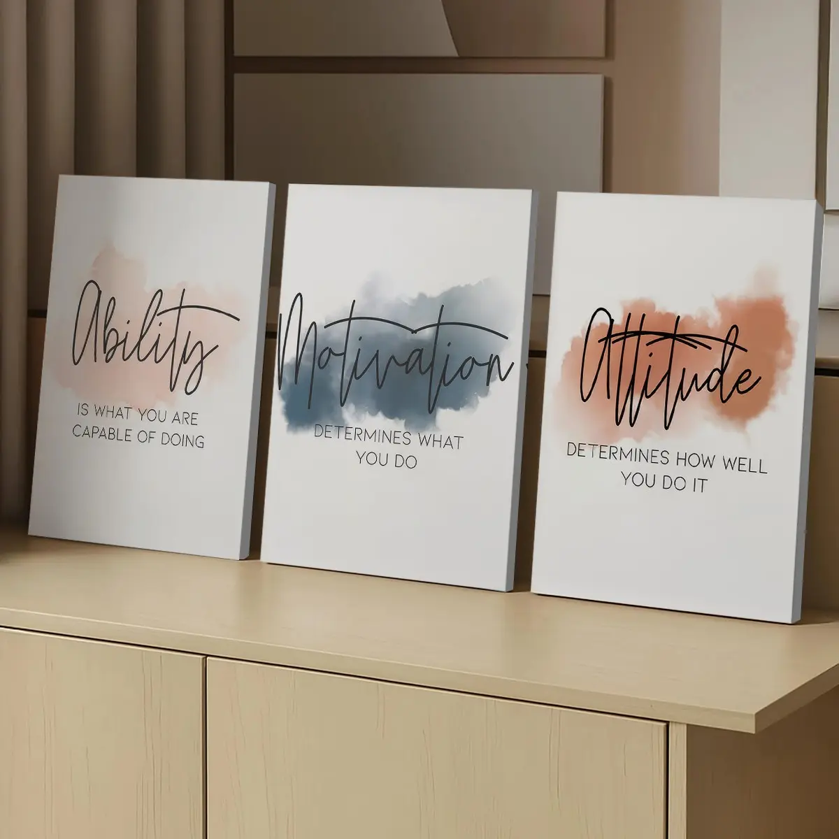 3 Counts Wood Framed Canvas Modern Watercolor Inspirational Quotes Wall Art Print, Ready to Hang, Motivational Decor for Office, Bedroom, Living Room, Aesthetic Wall Decor