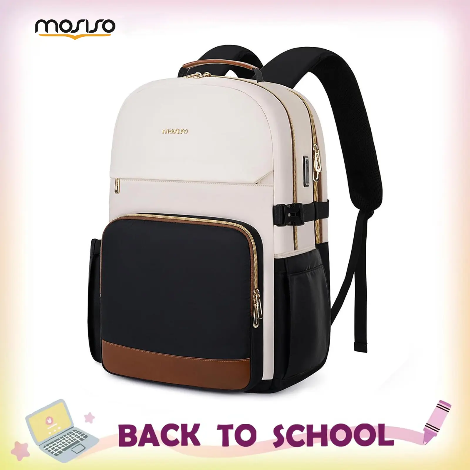 MOSISO Unisex Adult Laptop Backpack, 17.7 x 12.6 x 8.3 inches Casual Solid Beige Travel Pack, Airline-Approved Carry-On with Zipped Access, USB Port, Adjustable Straps, Anti-Theft Back Pocket