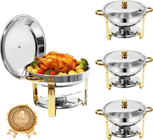 5QT 4 Set Golden Chafing Dish Buffet Set, Buffet Servers, And Warmers, Stainless Steel Chafers And Buffet Warmers with Full-Size Pans, Elegant Golden & Silvery Finish, Catering Equipment for Weddings, Parties, Banquets, Events, for Cooking