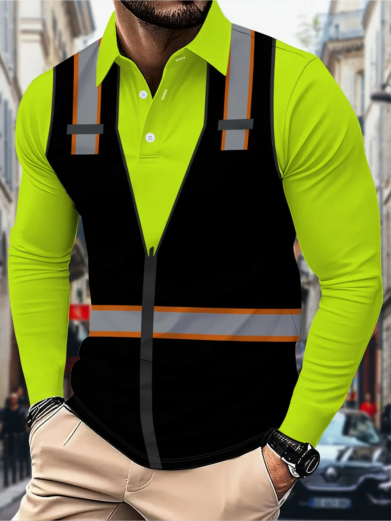 3D digital printing, fluorescent green work uniform Workwear, men's classic collar casual comfortable long-sleeved T-shirt for autumn and winter, Menswear, for business and home use.