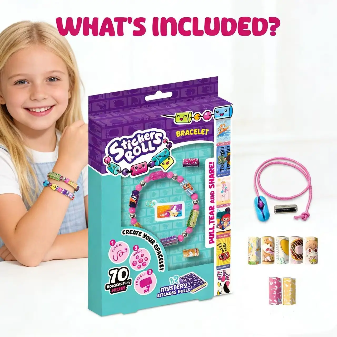 DIY Bead Sticker Bracelet Set, DIY Kit, Craft, Includes 70 Stickers, 2 Rolls Super Mystery Stickers, Cute Characters, Perfect for Girls