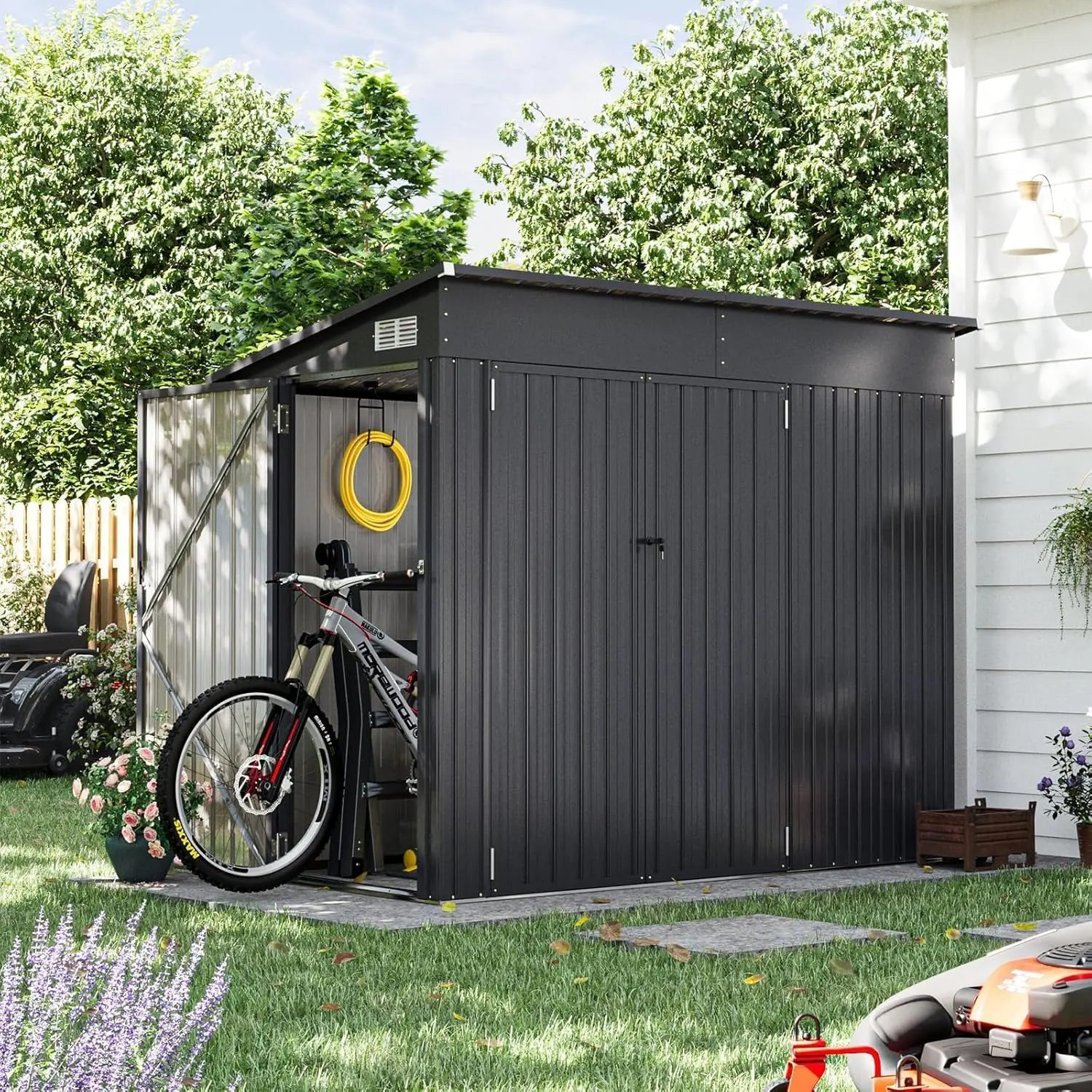 Aoxun Durable Steel Weatherproof Metal Garden Shed (7.5x4ft/234x131x185cm), All-Weather Enclosure Garden Buildings with Triple Lockable Door, Heavy-Duty Outdoor Storage for Bikes, Tools, Patio Furniture, Black with Rainproof Sunproof Roof, Durable Shed