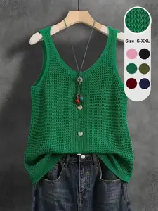 Women's Sleeveless V-Neck Knit Top, Summer Outerwear, Slimming Comfortable Loose Fit, Elegant Casual Design, Breathable Mesh Vest, Knitted, Casual Chic Sleeveless
