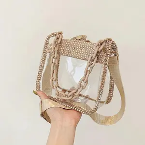 Women's Transparent Rhinestone Decorated Chain Crossbody Bag - Trendy Chain Strap, Zip Closure, Stylish Versatile Bag for Concerts, Spring Glow-Up, Summer Vibes, Chain Crossbody Bags