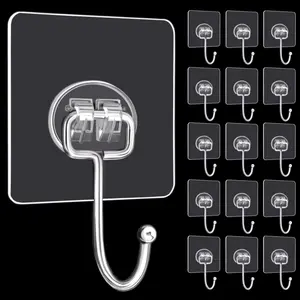 Large Adhesive Hooks, 16-Pack Hold 33lb(Max) Heavy Duty Sticky Hooks, Waterproof Transparent Hooks for Hanging, Self-Adhesive Traceless Clear Wall Hooks for Keys Robe & Towel