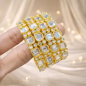 4 PCS Gold White Kundan Bangle Set with Square Cut Stones & Diamond Accents for Women Sizes 2.4-2.10