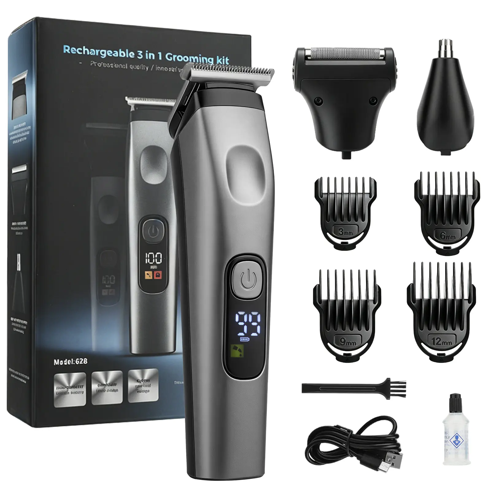 3 In 1 Electric Shaver Hair Clipper Nose Hair Trimmer with LED Display,Rechargeable Cordless Use Electric Razor with 4 Size Limit Combs Full Accessories Set ,90Mins Working Time, Detachable Blade Easy Clean
