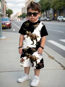 Boys Toddler Summer Realistic Dinosaur Set Outfit, Tyrannosaurus Full Print Block Short Sleeve Shorts Two-Piece Suit
