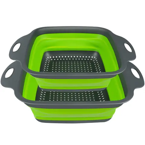 Durable 2-Piece Collapsible Silicone Colander Set - 11.5in & 9.5in Sieves with Wet-Hand Grip, Kitchen Utensils for Draining Veggies/Fruits, Flat-Folding for Drawer Storage, Travel-Friendly Camping Accessory