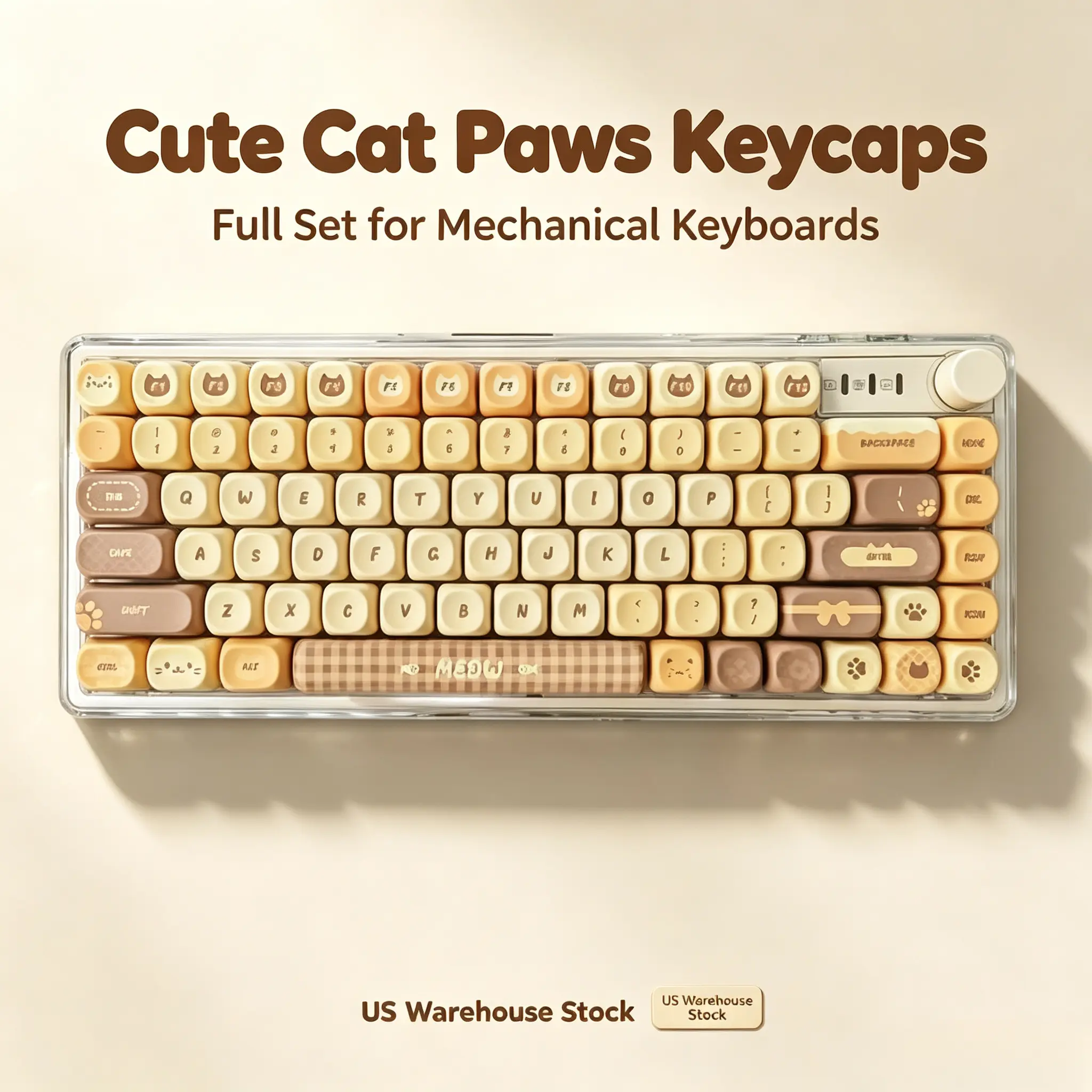 LOBO 138-Keys Cream Beige Cute Cat Paw PBT Dye-Sub XDA Profile Keycap Set, High-Grade PBT Dye-Sublimation Craft, Universal MX Cross Switch Compatibility, Custom Anime Cartoon Mechanical Gaming Keyboard Replacements