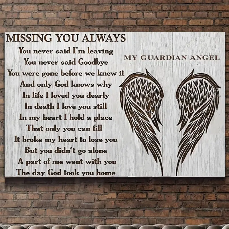 1pc Wooden Framed Canvas Art - "Missing You" Angel Wings, Inspirational Quote Wall Decor for Bedroom & Living Room, Pine Wood Frame, Ready-to-Hang Poster, Thoughtful Memorial Gift, Living Room Decor