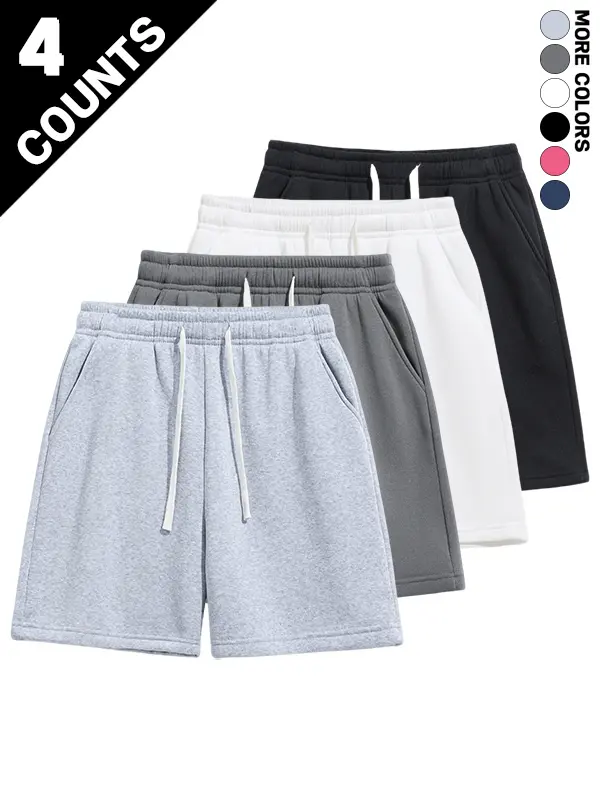 4-pack summer men’s shorts with a simple pocket design—versatile casual athletic shorts for everyday wear, featuring a drawstring waist for comfort.summervibes