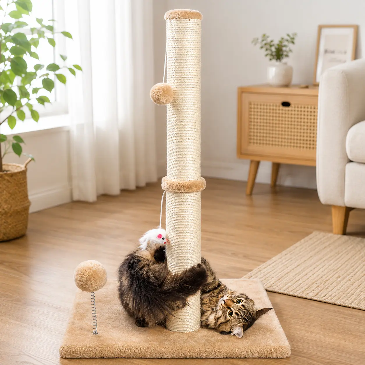 32-Inch Tall Cat Scratching Post with Sisal Surface & 3 Interactive Toys – Beige