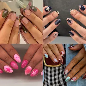 96pcs Short Oval Press-On Nail Set, Y2K Star Line Leopard Plaid Gradient Design, Removable Stylish Acrylic Nails DIY Kit, Glossy Finish, Nail Art Products