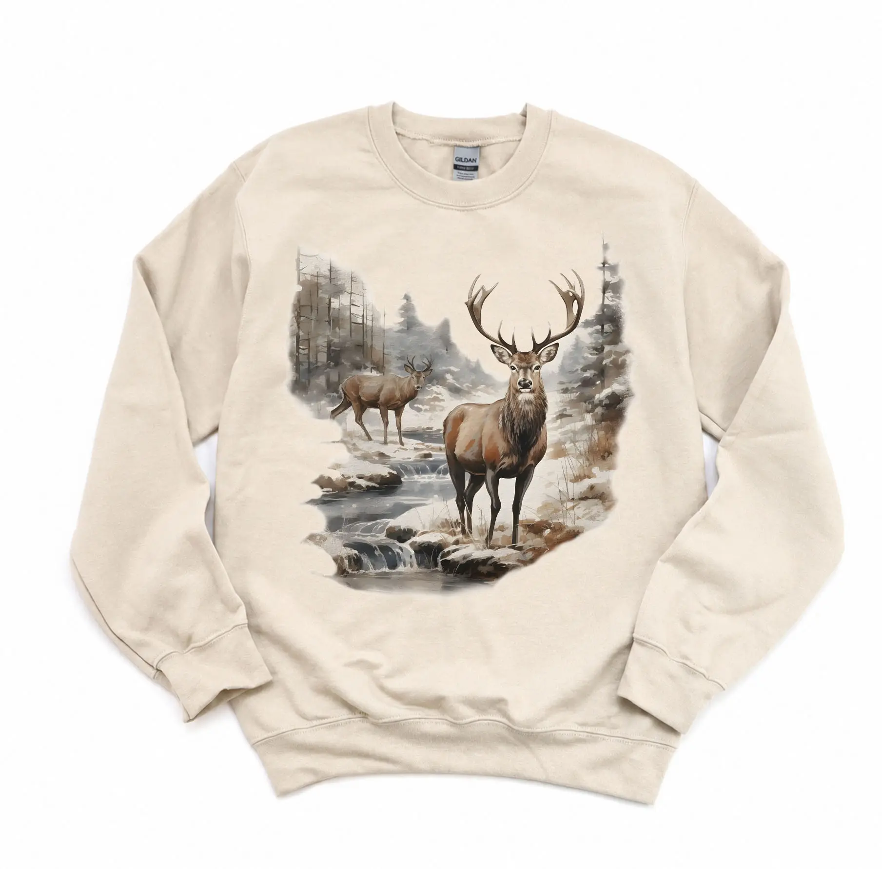 Lady's Fitted Cotton-Spandex Longsleeve Printed Pullover Sweatshirt - Boho Round Neck, Retro Deer Wilderness Scene, Vintage Buck And Doe Design, Longsleeves, Hoodie