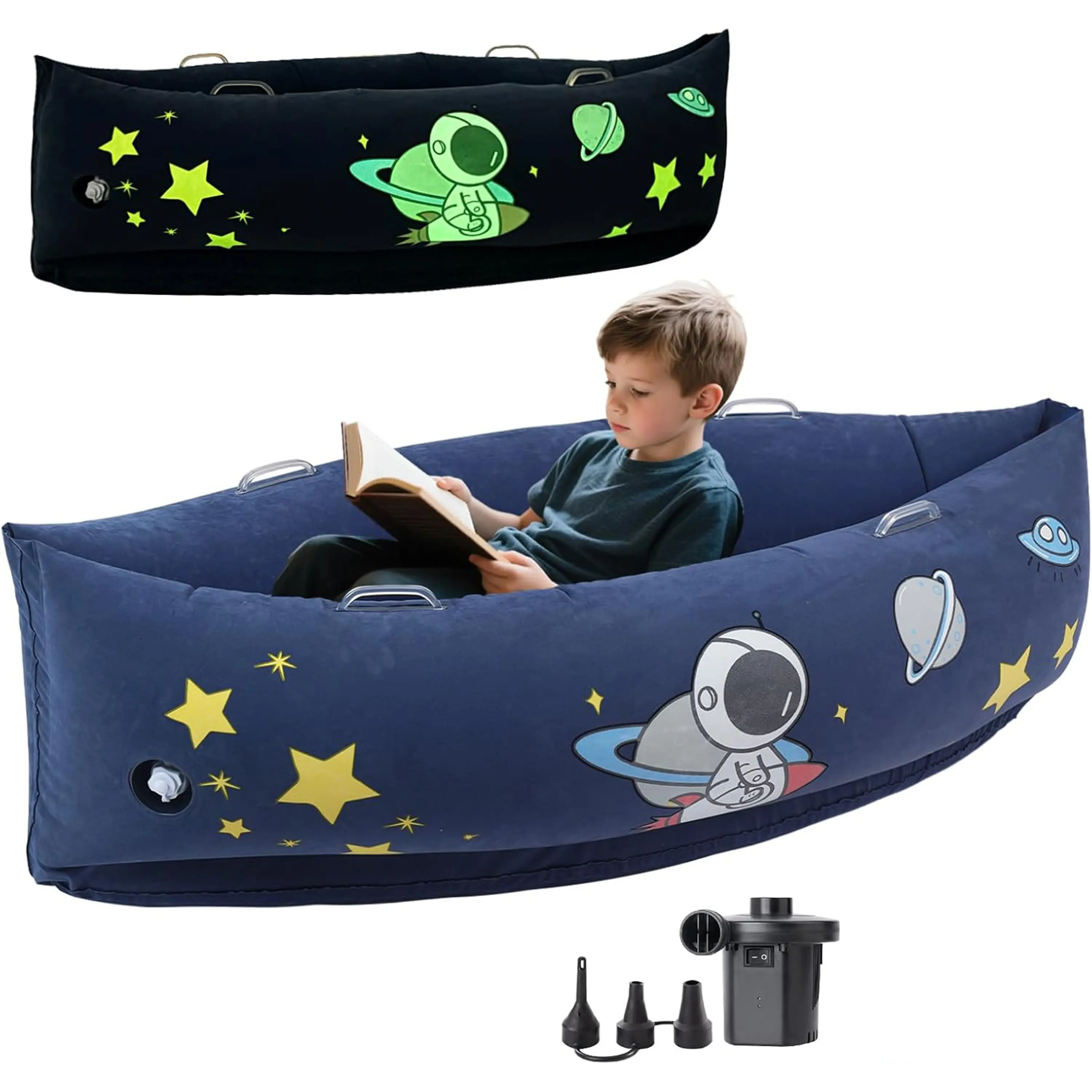 60" Sensory Peapod Chair for Kids – Inflatable Autism & ADHD Calming Pod with Electric Air Pump, Soft Flocked Surface, Sturdy Handles, Space Blue Cozy Sensory Canoe for Home, Nursery & Daycare