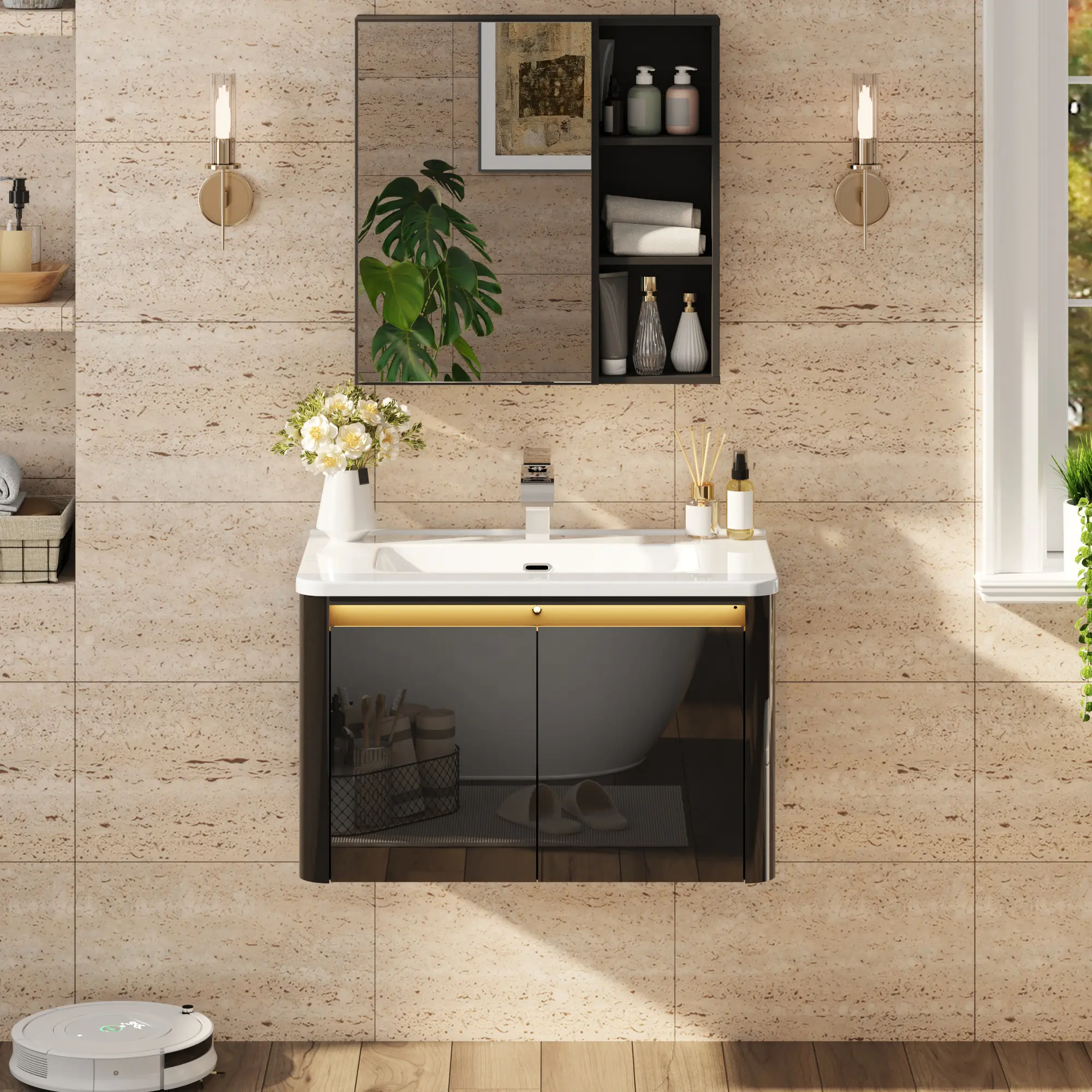 30-in Wood Floating Bathroom Vanity Set - Sink, Faucet, Mirror, Glossy Wall Cabinets, LED Sensor Light, Wall-Mounted Design, Soft-Close Drawers for Bathroom Organization, Drawer & Under Sink Organization