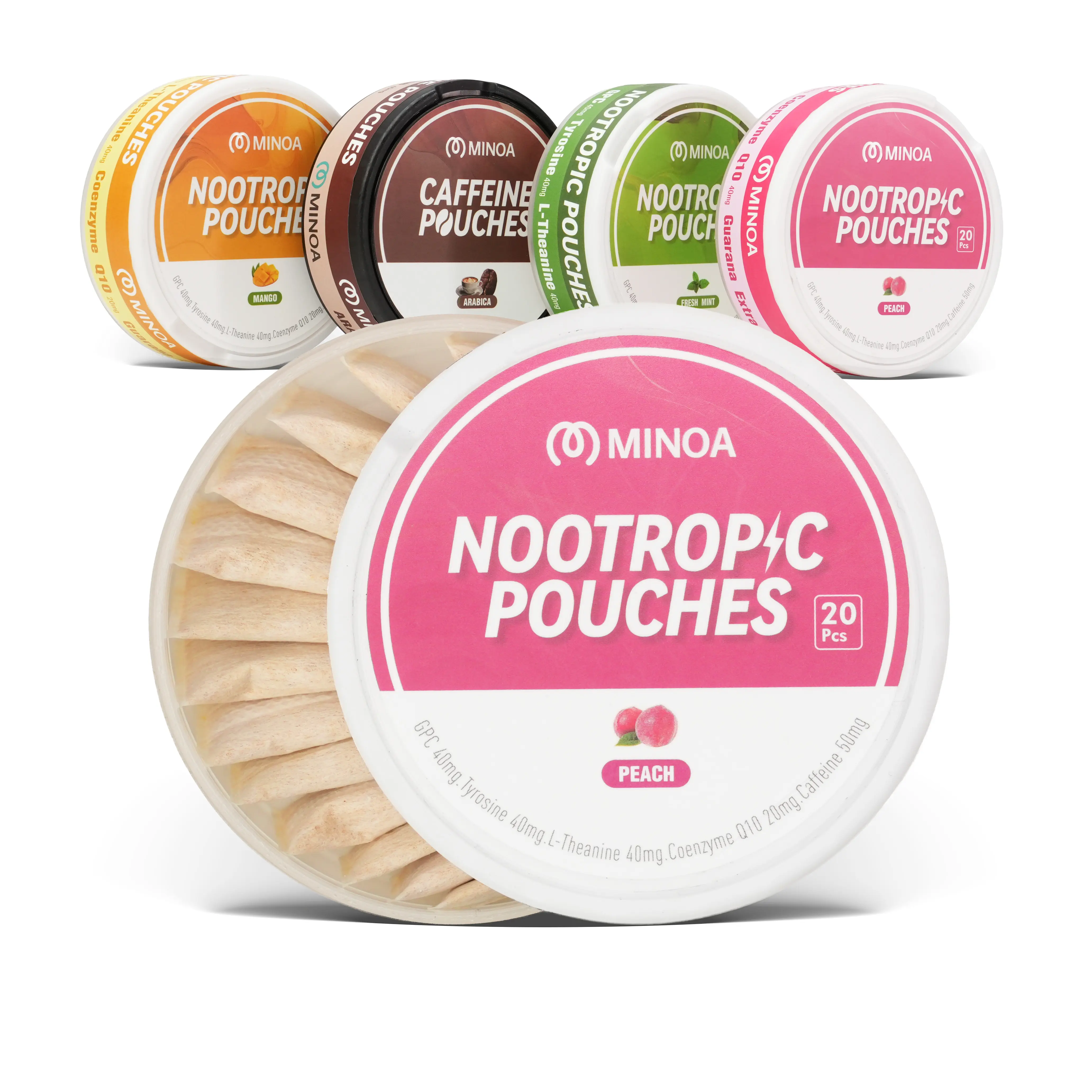 MINOA Energy Pouches 4-Pack - 50mg Natural Caffeine for Caffeine & Daily Energy Boost, 20 Pouches per Can, Alpha GPC, L-Tyrosine, L-Theanine, Coenzyme Q10, Guarana, No Nicotine, No Sugar, 0 Calories, Smart Focus Performance Fuel, Caffeine Energy Boost