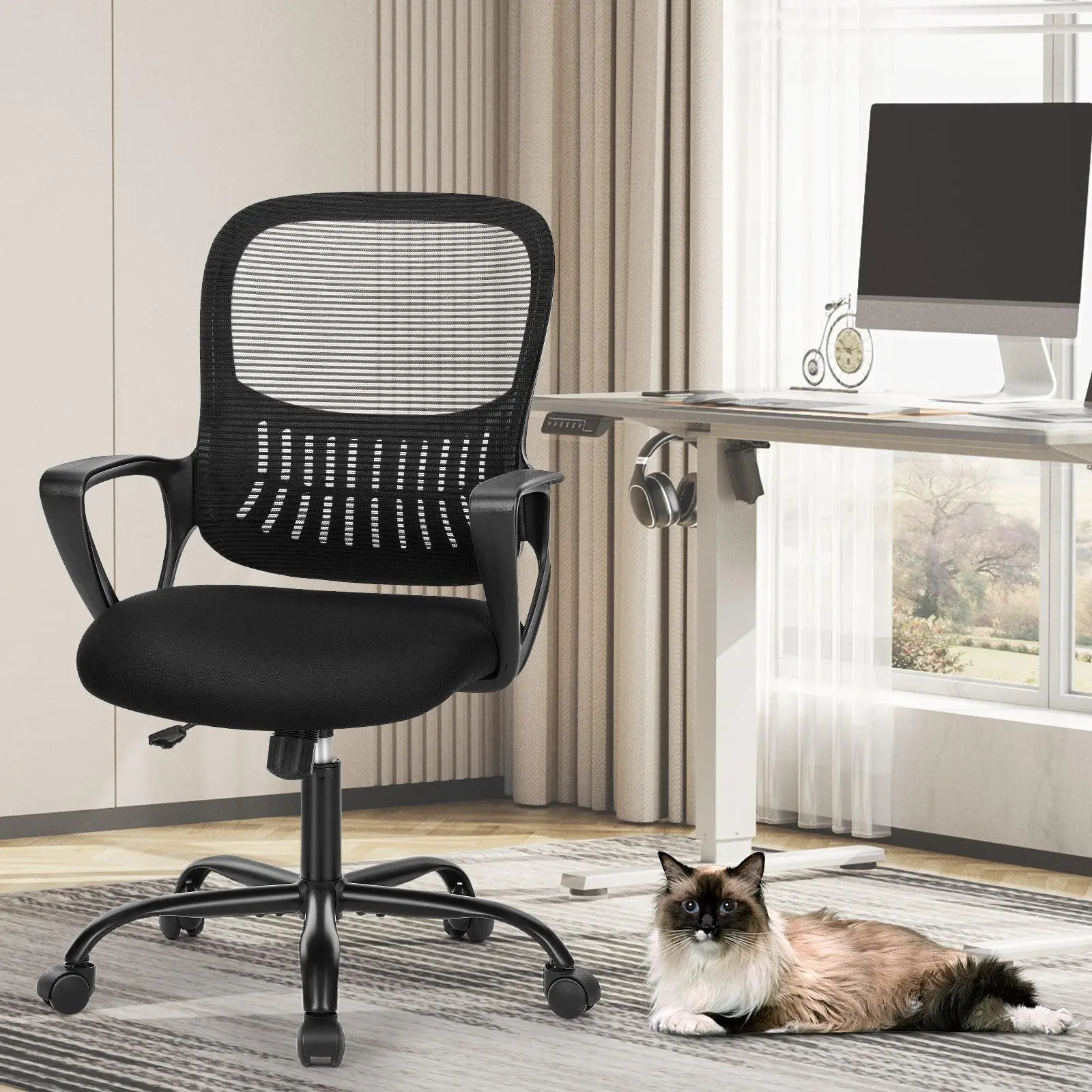 ZHUMI-C-3718-BK Sturdy Black Ergonomic Drafting Chair with Fixed Handrail, Foam Padding, Adjustable Height & Footrest, Nylon Base, 24.20x22.80x41.50 in, 21.30 lb, Quick Setup, Assembly Required for Office Use, Height Adjustable Chair