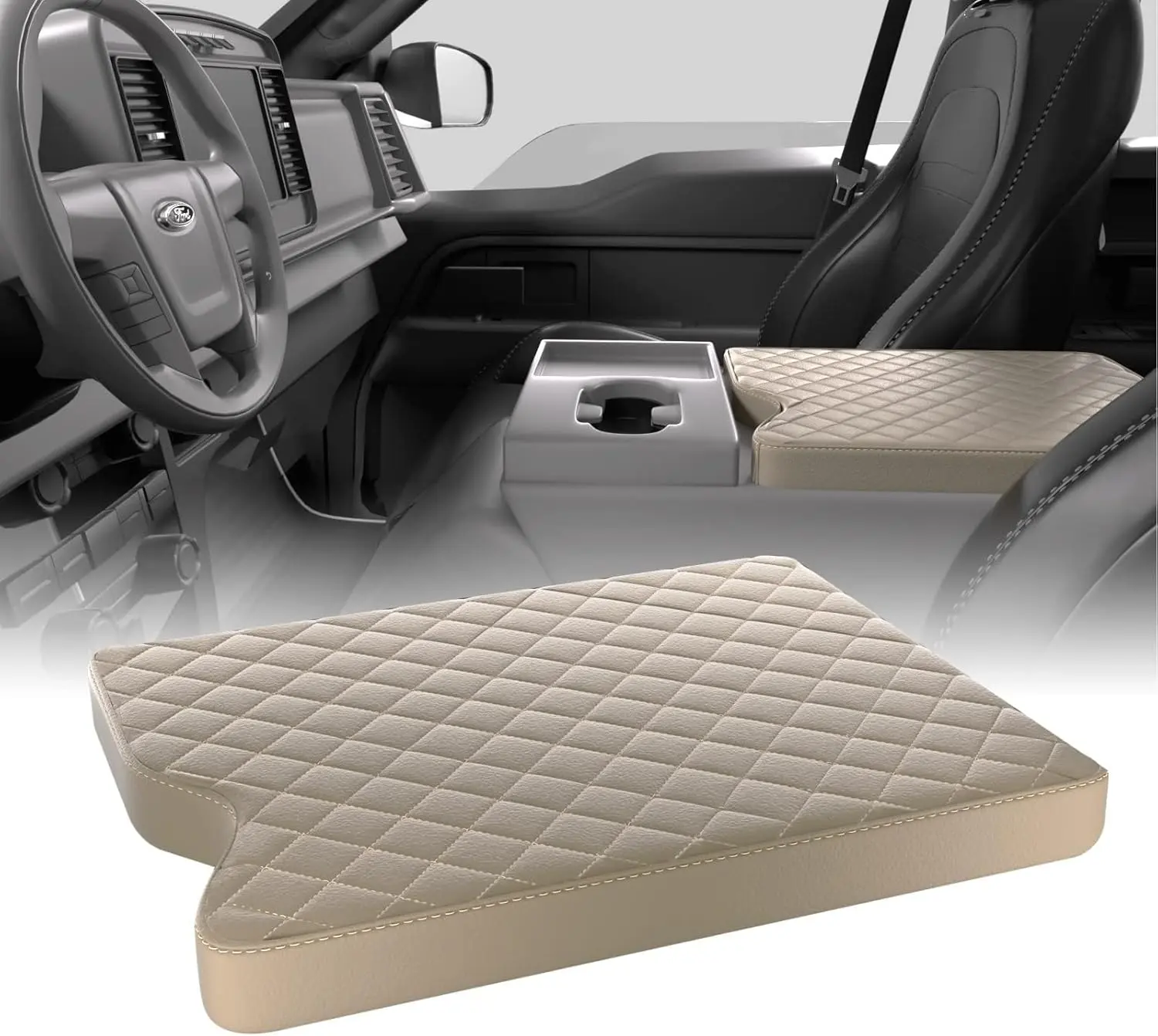 Leather Center Console Cover for 2015-2023 Ford F150 & F250-F450 40/20/40 Jump Seats, Snug Car Interior Anti-Slip Armrest Pad, Truck Accessory with All-Round Protection & Cohesive Look