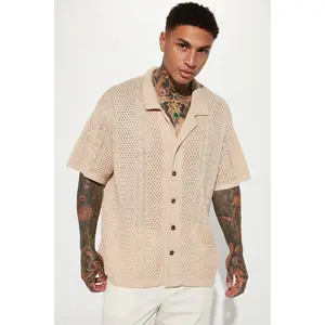 Unwind Cable Knit Short Sleeve Button Up - Oatmeal
