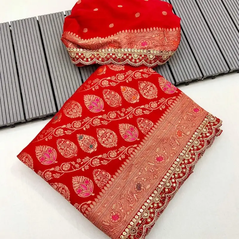 Women Heavy Saree with Border Wedding Dress - Red with Gold and Pink Border, Ideal for Special Occasions - Womenswear