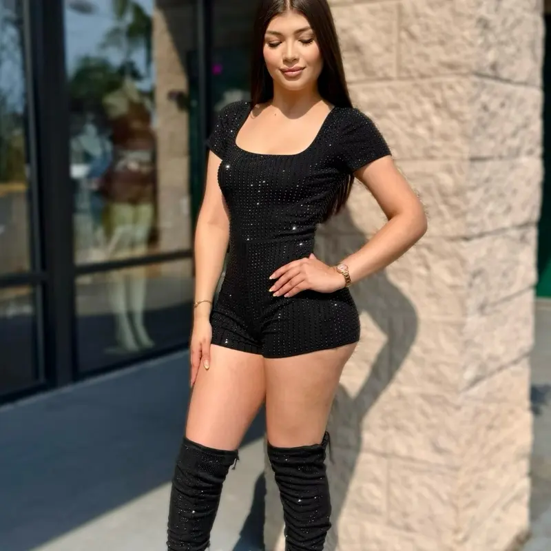 Rhinestone Romper - Maroon Sparkle Short Sleeve Square Neck Bodycon Jumpsuit for Women
