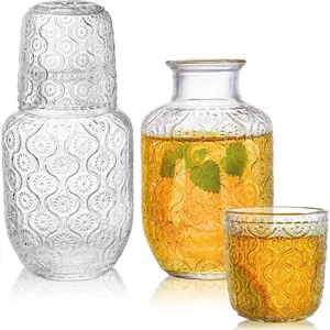 4 count Bedside Water Carafe and Glass Tumblers, 20 OZ Clear Nightstand Pitcher with 5 OZ Cup Set, Glass Mouthwash Decanter  Elegant Glassware for Juice, Kitchen, Bedroom, Bar, Bathroom