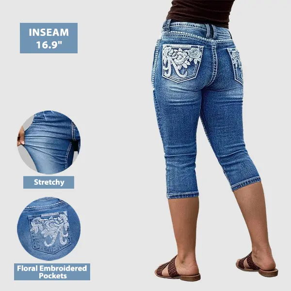 Flamingals Wash Floral Embroidered Pocket Back High Rise Capri Skinny Jeans Womenswear Stretchy 16.9" Inseam
