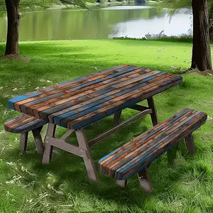 3pcs Vintage Wood Grain Picnic Tablecloth Set 1 Tablecloth + 2 Stool Covers Elastic Edges for Outdoor Patio & Camping Polyester Material Machine-Made Rectangular Shape Camping Essentials|Vintage Wood Grain Design|Elastic Edged Cover Picnic Table Cover